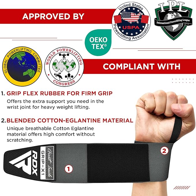 RDX W3 IPL USPA Approved Powerlifting Wrist Support Wraps with Thumb Loops OEKO-TEX® Standard 100 certified